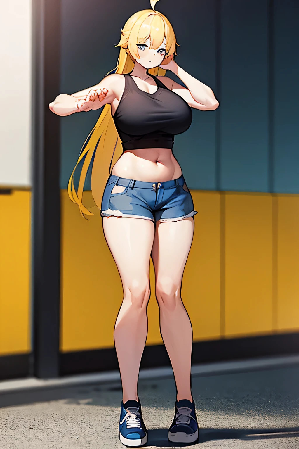 blue shortpants, long yellow hair, black tank, chubby, chubby belly, girl, full body, park, big breasts