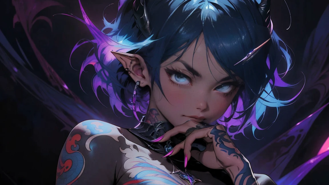 realist, (Masterpiece, Superior quality, Best Quality, Official Art, Beauty, atmospheric, cosmic, Gothic, Blue Hair, Psychedelic, dreamlike, horror, in the style of tokyo ghoul and devil may cry: 1.2), Very detailed, Fractal Art, showy, More Detailed, tangled, (abstract background: 1.5) (1 chico: 1.3), Ghoul, oni horns, short Blue Hair, Hair, (bright red eyes, tons of tattoos and piercings), Mysterious, (dark magic), beautiful goth elf woman, Japanese folklore style