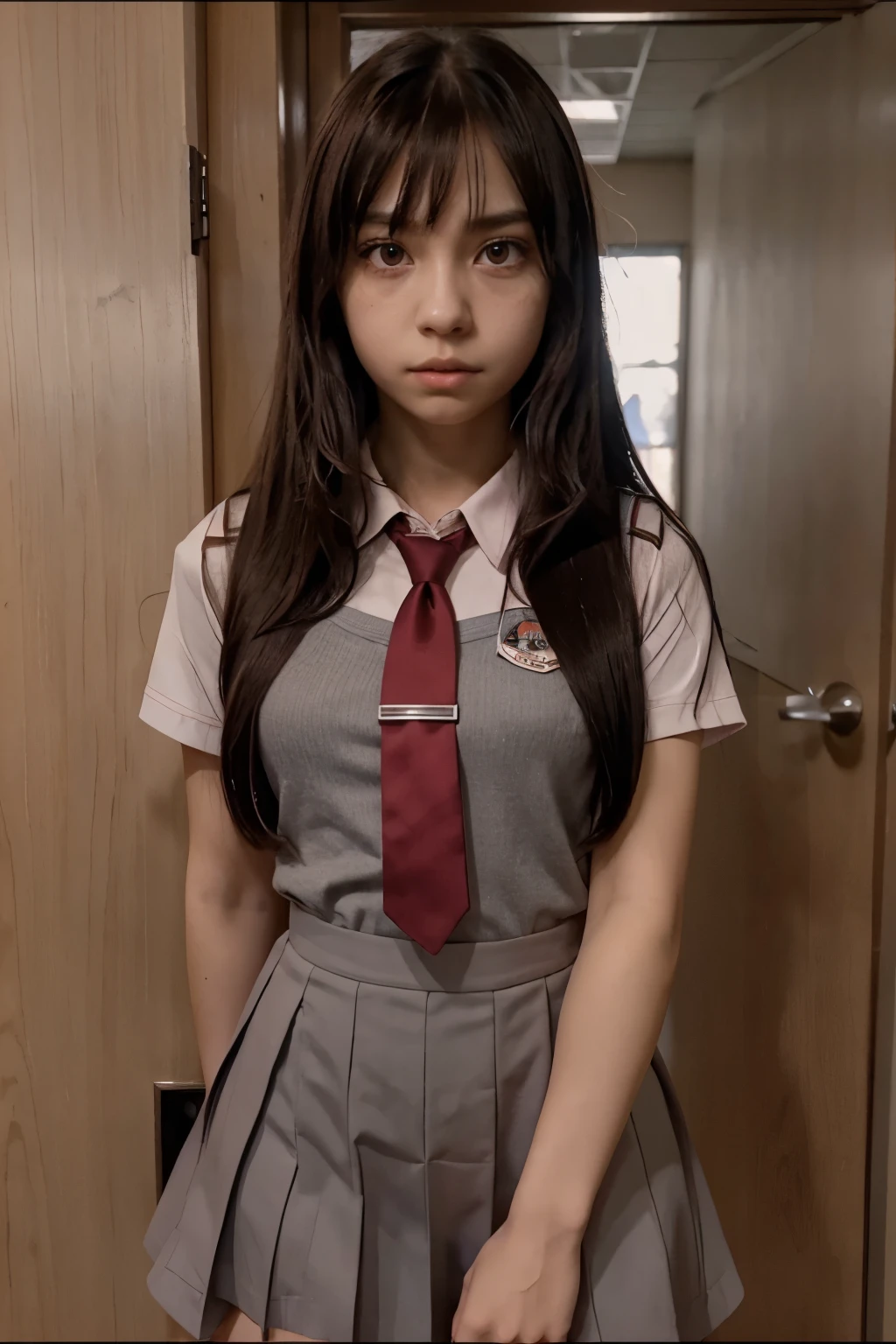 Screenshot screencap anime Boku no hero academia, girl, dark pink long straight hair side bangs, a little messy, slanted eyes, dark amber eyes, pretty lashes, confused expression, wearing a grey uniform red tie leaning on a door, school hallway, evening light.