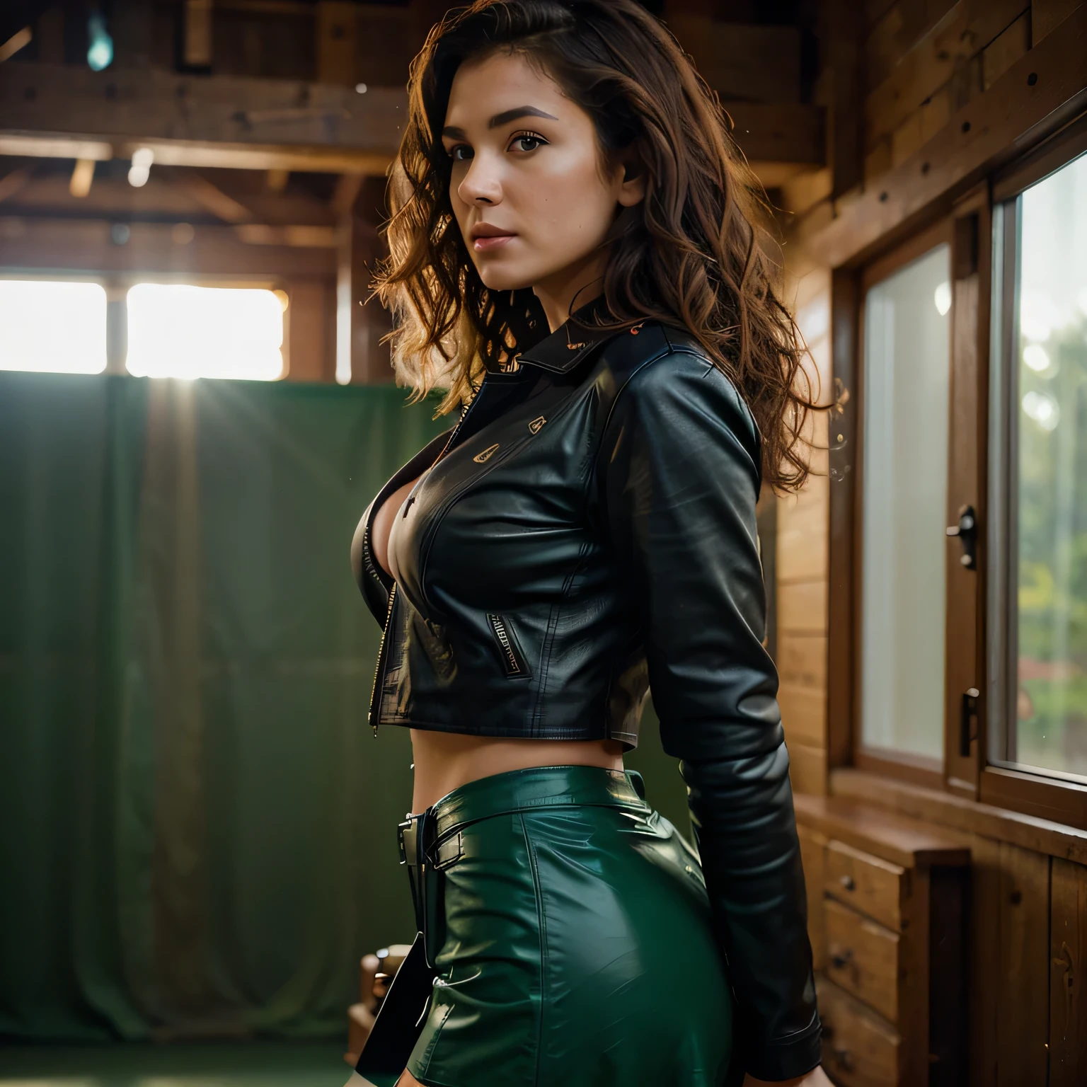 Beautiful 40 year old woman from side view with curly hair, attractive eyes, firm breasts, small waist detailed, thick and sexy legs, wearing leather jacket with leather skirt
on a green background, foggy, humid, masterpiece of the Best quality, realistic, detailed photo. 8k, HDR, shallow depth field, wide light, high contrast. Backlight, light flare, chromatic aberration, sharp focus, RAW color photography, all very detailed.
