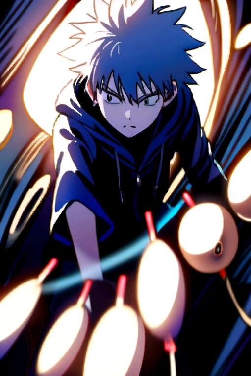 Hooded Killua Zoldyck attacking with his yo-yos