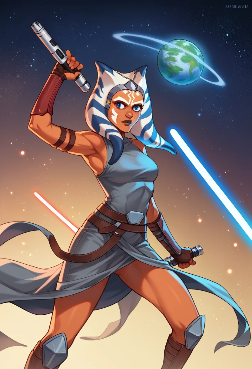 ((beautiful Ahsoka Tano star wars feminine with a perfect athletic figure beautiful and hips, she's on an ultra detailed star wars spaceship)), ((masterpiece, in detail down to the smallest detail, Ultra realistic 8k graphics, Best quality))