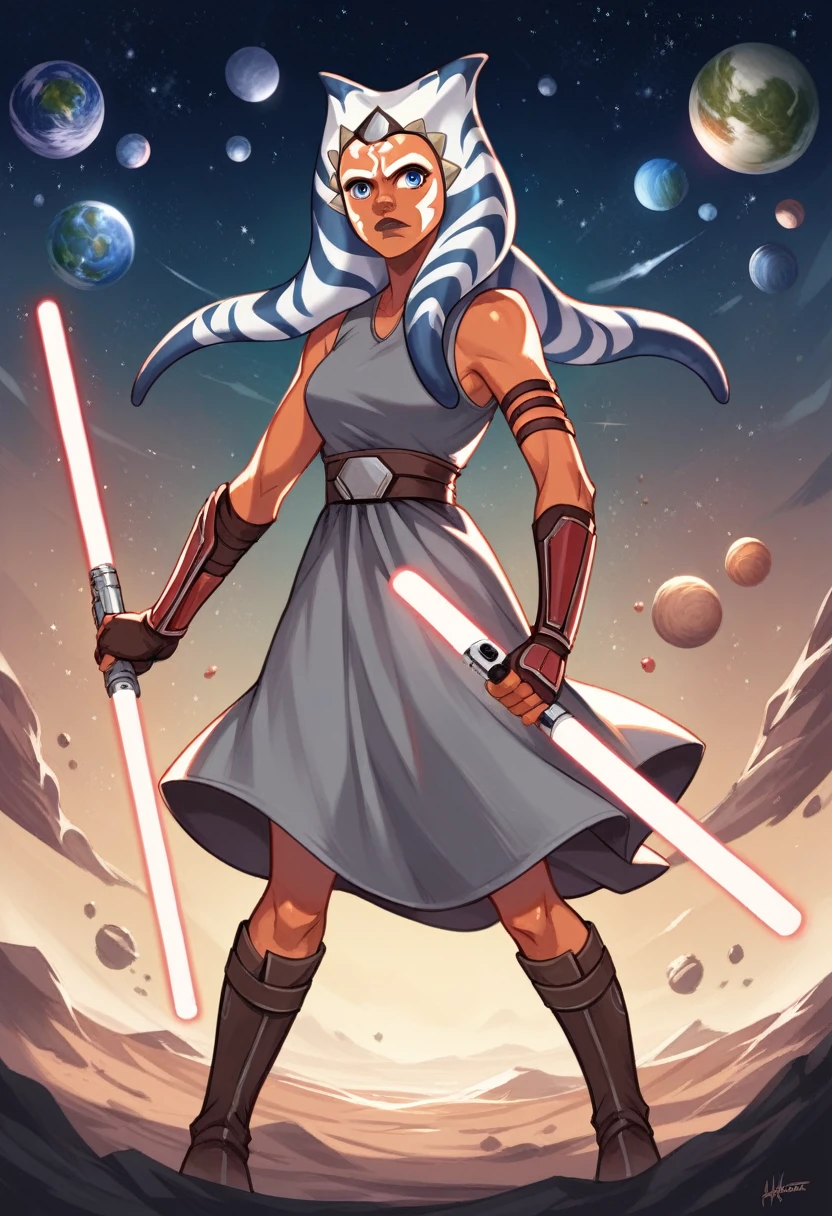 masterpiece, best quality, (1girl), ahsoka_rebels, alien,1girl, cowboy shot, space background, pose with dual lightsaber, holding weapon, weapon, holding lightsaber, planet, galaxy, grey dress, boots, blue eyes, detailed eyes