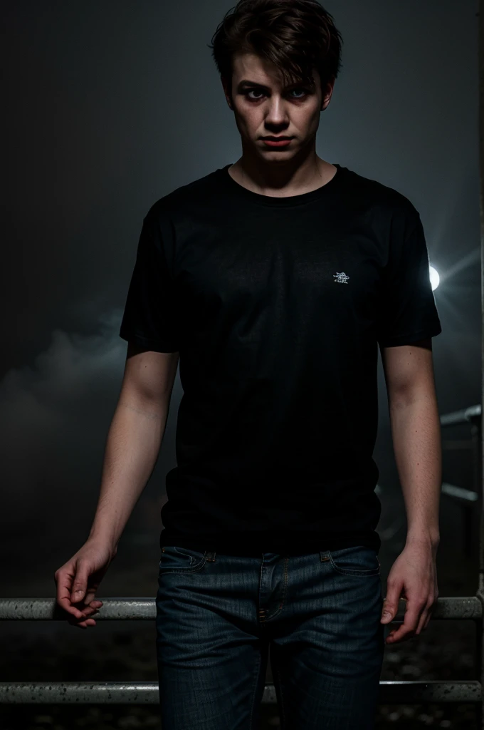 young man in jeans and t-shirt caught in black fog at night. horror scene.