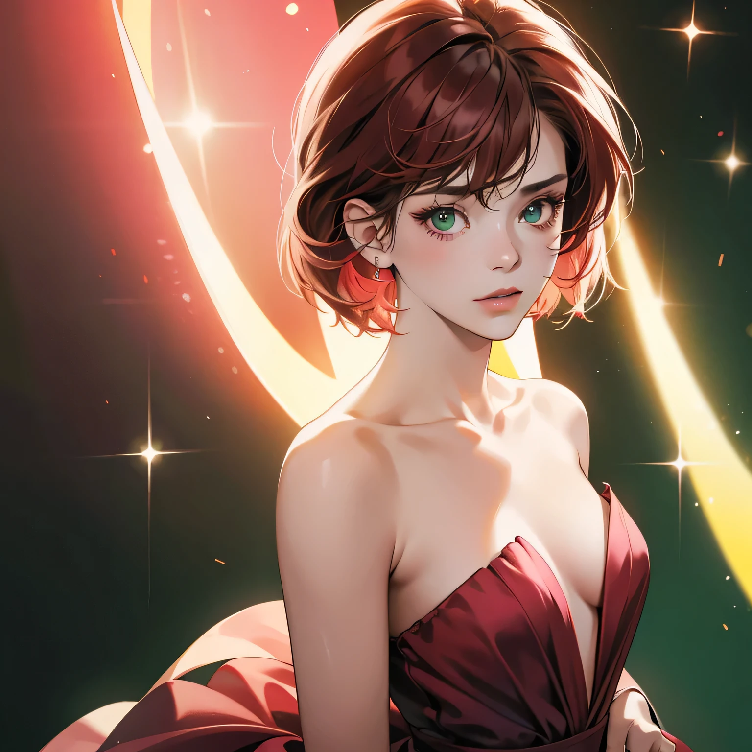 masterpiece, high quality, Best quality, HD, realistic, perfect lighting, detailed body, 1 woman, Perfect eyes, short hair, black & Red hair, luminous, pink & Green dress, Background.
