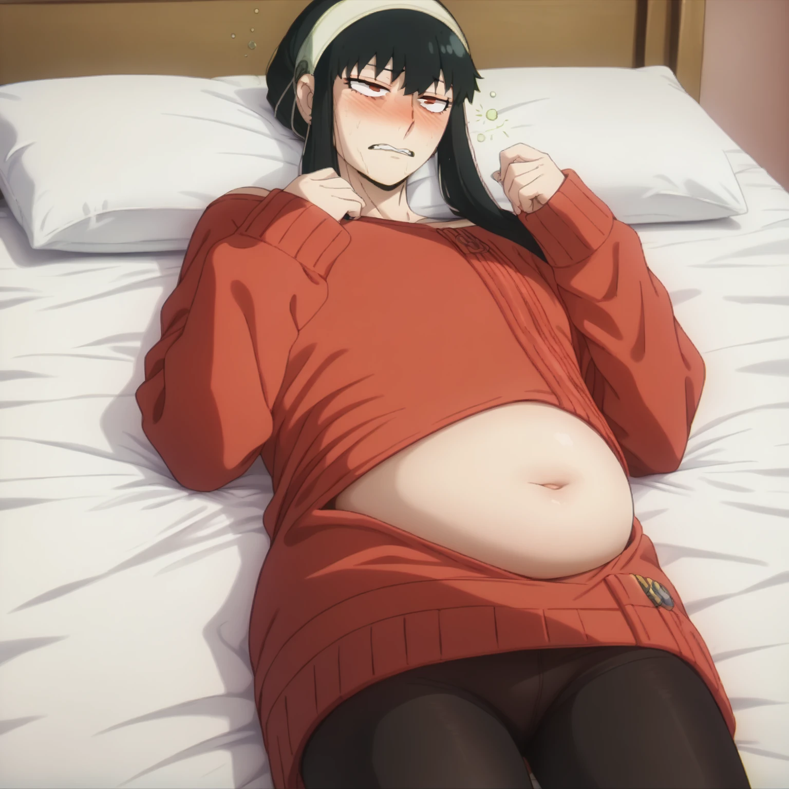 solo, YorForger,1girl, ((slightly swollen belly)),((no panties)),((very drunk)),((staggers)),black hair,red eyes,short hair with long locks, white hairband, off shoulder, black pantyhose, red sweater,((slumped)), ((lying in bed)), ((drank too much)), ((agitated)), ((belly under red sweater)),