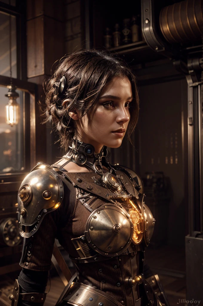 Develop a steampunk-inspired robotic character with intricate details and elegant aesthetics using Midjourney AI. Utilize moody lighting, optical fiber effects, and studio lighting for a compelling and dramatic portrayal.