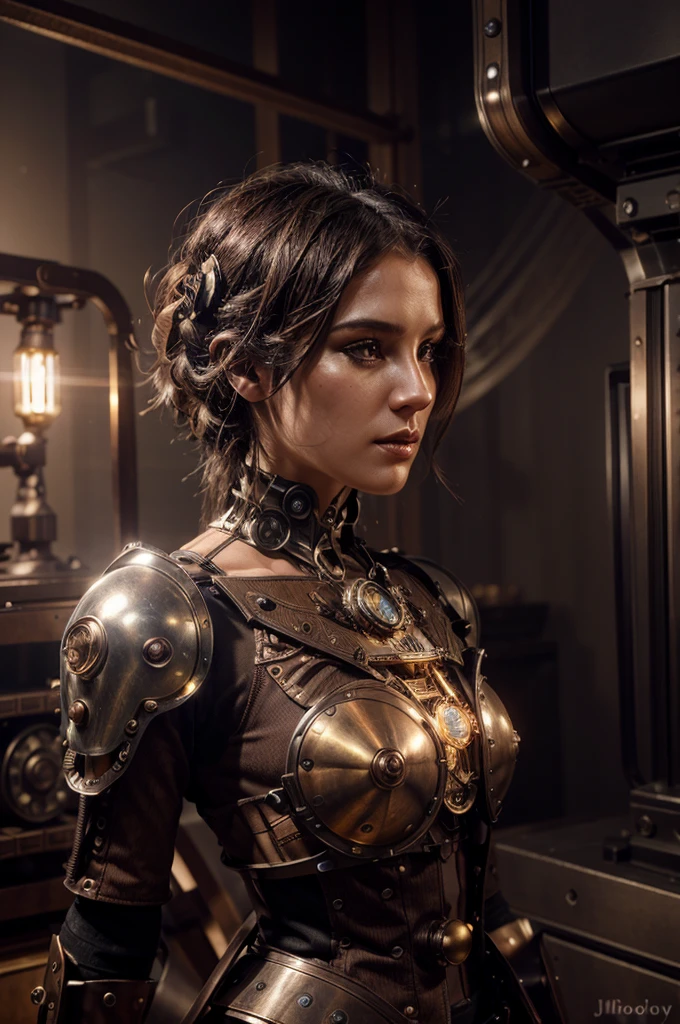 Develop a steampunk-inspired robotic character with intricate details and elegant aesthetics using Midjourney AI. Utilize moody lighting, optical fiber effects, and studio lighting for a compelling and dramatic portrayal.