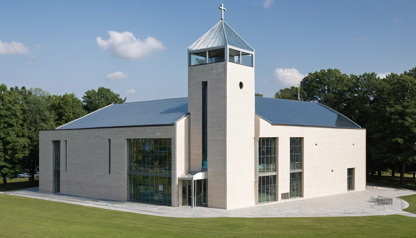 Visual Description of New Glasgow Lutheran Church
Lutheran Church Overview:
New Glasgow Lutheran Church is a modern building located in the New Town of West Glasgow. It is part of the Arktiske Lutheran congregation and reflects the integration of the Lutheran community in the region.

Location:

New Town: Located in the newer part of West Glasgow, the church is surrounded by modern buildings and tourist areas, contrasting with the medieval architecture of the Old Town.
Architecture:

Modern style:

Facade: The facade of the church is simple and elegant, made of light bricks with large glass windows that allow natural light to enter. The design is minimalist, with straight lines and geometric shapes.
Tower: A low, modern tower with a simple bell tower stands next to the main building, crowned with a stainless steel cross.
Entrance: The main entrance is accessible and welcoming, with glass doors opening into a bright and spacious atrium.