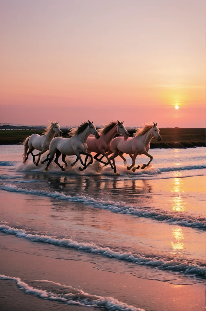 7 white horses running towards you with pink sky and sunrise in the background