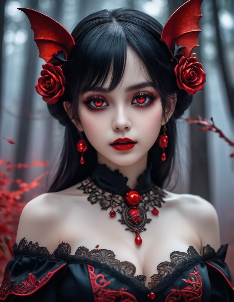 quality(8k wallpaper of extremely detailed CG unit, masterpiece, hight resolution, top-quality, top-quality real texture skin,hyper realisitic, digitial painting,increase the resolution,RAW photos,best qualtiy,highly detailed,the wallpaper),BREAK,8K, onmyoji-style art, evil elf,(((little ,tiny little body,little))),(((6 years old))),((anime elf with extremely beautiful black hair)),(((elf))),(((elf ears))),
(((flat chest))),((((black hair:1.35,short black hair,colored inner hair,ear breathing)))),(((red_eyes:1.3))),intricate eyes,beautiful detailed eyes,symmetrical eyes,big eyes:1.5,(detailed body,(detailed face)),Vampires,((Red glowing eyes)),evil look,Clear facial features,Vampire fangs exposed,(((bloody,bloody eyes,fantasy and horror art,blood on the face,horribly beautiful eyes,blood red lips,))),
cute,slutty,erotic,daring,((nsfw)),
zettai ryouiki,revealing clothing,show skin,(((Dressed in a gorgeous Gothic dress,rosette,Skull decoration,the bats,The body is surrounded by a red mist,rays of moonlight))),(black gloves),((Torn and dirty clothes, disturbingly pale skin, creepy atmosphere)),(((intricate outfit,intricate clothes,embroidered outfit,ornate outfit,embroidered clothes,ornate clothes))),
(dynamic pose:1.0),crazy,horror,(centered,scale to fit dimensions,Rule of thirds),
((Premonitory feeling of danger, horror movie vibrations, Nightmare horror)),
((snowy pine forest at night, dark forest, swamp, murky water, foggy, creepy aura, eerie atmosphere)),with dark stormy clouds,winter,scenery:1.25,intricate scenery,((snow forest background)),
(Glossy winter ornaments),highres,sharp focus,(ultra detailed,extremely detailed),(photorealistic artwork:1.37),(extremely detailed CG unity 8k wallpaper),(((vibrant colors,vibrant theme))),(intricate),(masterpiece),(best quality),artistic photography,(photography taken by sldr),(intricate background),perfect rendered face,perfect face details,realistic face,photo realistic,((intricate detail)),(((realism))),