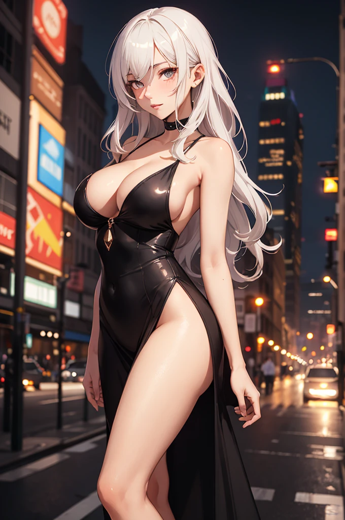 masterpiece, best quality, shadows, perfect hands, perfect legs, perfect anatomy, pretty face, mature features, 1 girl, 21 years old, mature woman, cat girl, sexy black dress, city night background, white long hair, thighs, ass, breast, seductive, spicy, posing, cinematography lights,