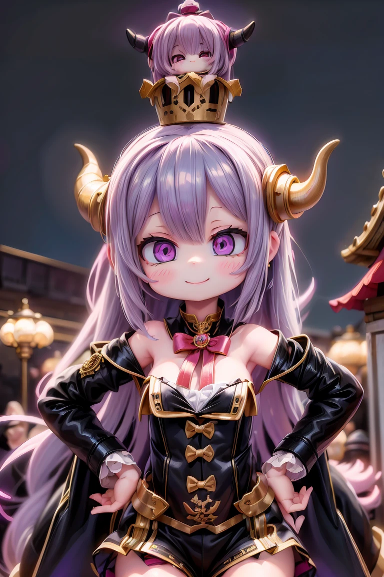 a cute horned demon queen smiling, queen crown, having fun at an amusement park at night, ((steampunk)) amusement park, night scene, lanters and cancles all around