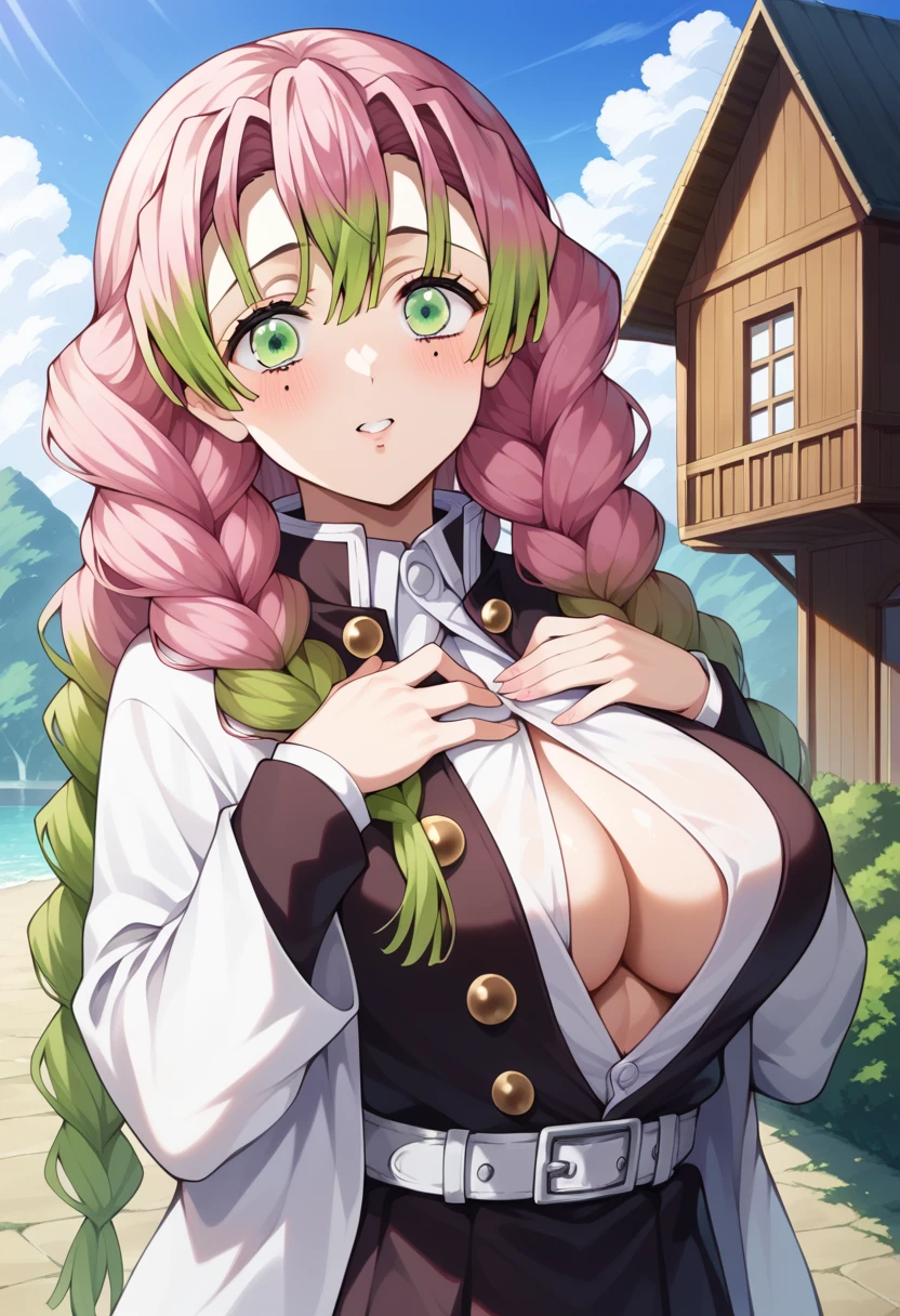 score_9, score_8_up, score_7_up, source_anime, aamitsuri, long hair, braid, multicolored hair, green eyes, mole under eye, large breasts, explorer clothes, pink underwear. house, outdoors, upper body, hands on own chest,