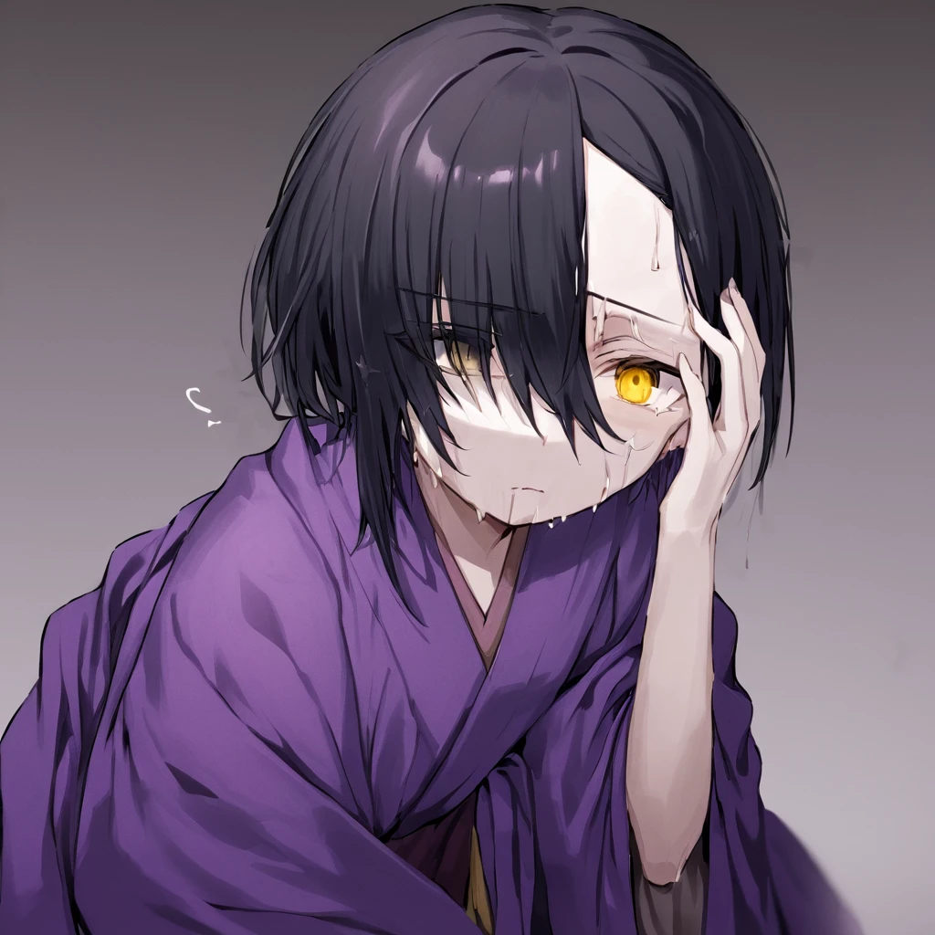  with a very weak purple kimono, black hair with white bangs, one black eye and one yellow eye.