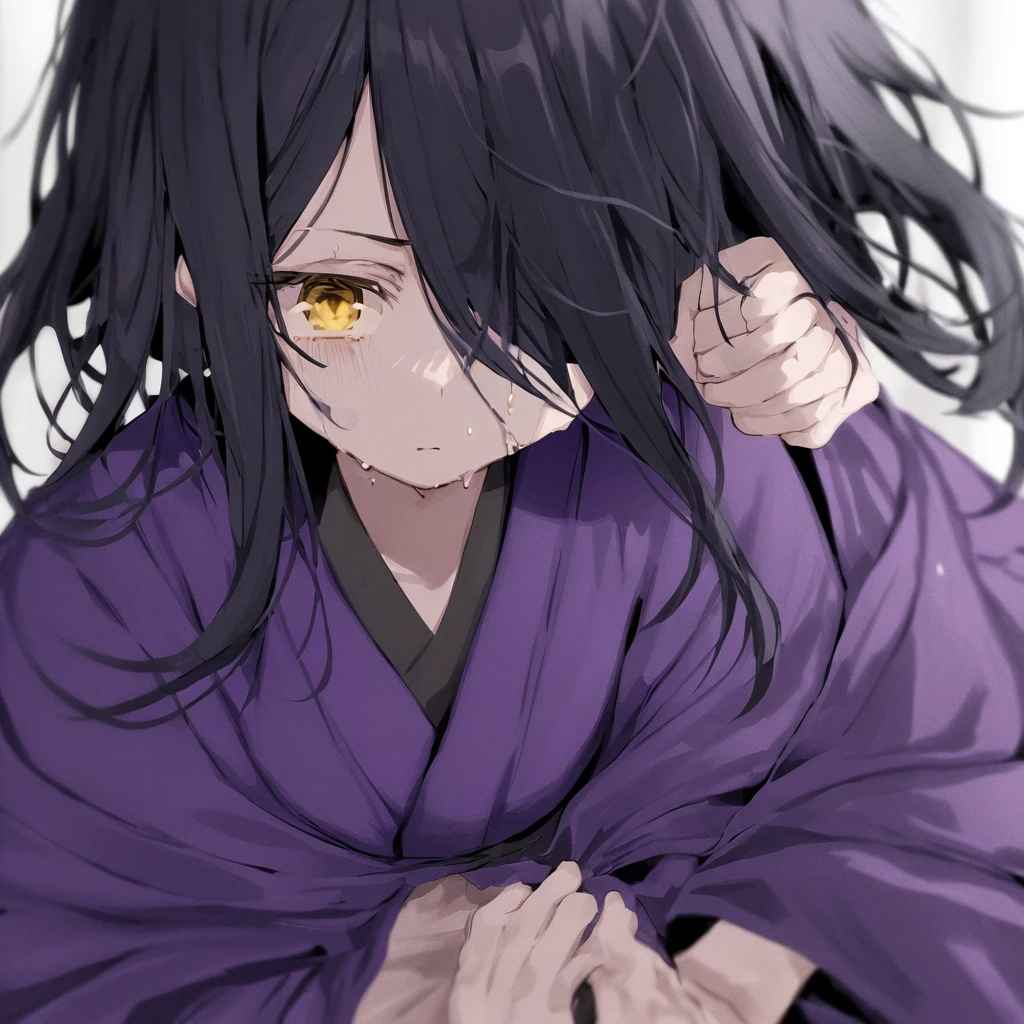  with a very weak purple kimono, black hair with white bangs, one black eye and one yellow eye.