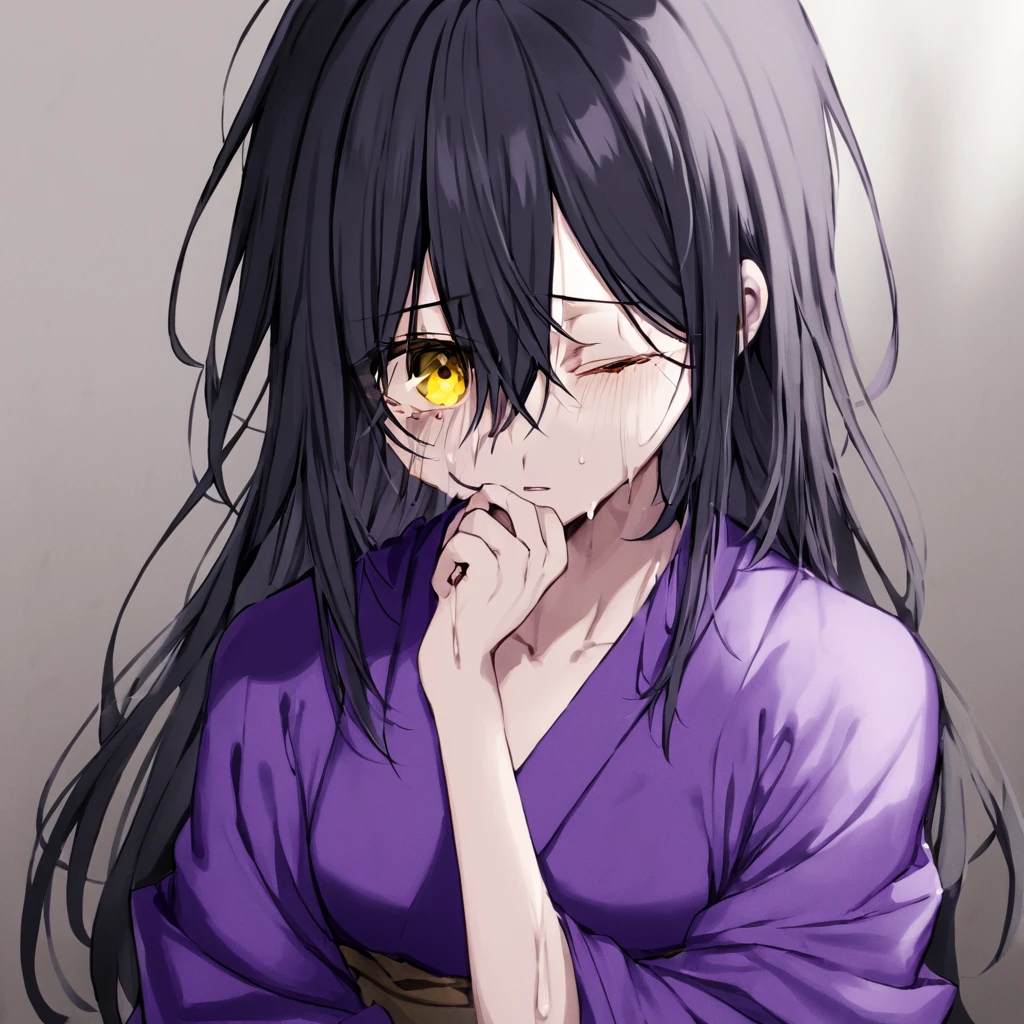  with a very weak purple kimono, black hair with white bangs, one black eye and one yellow eye.