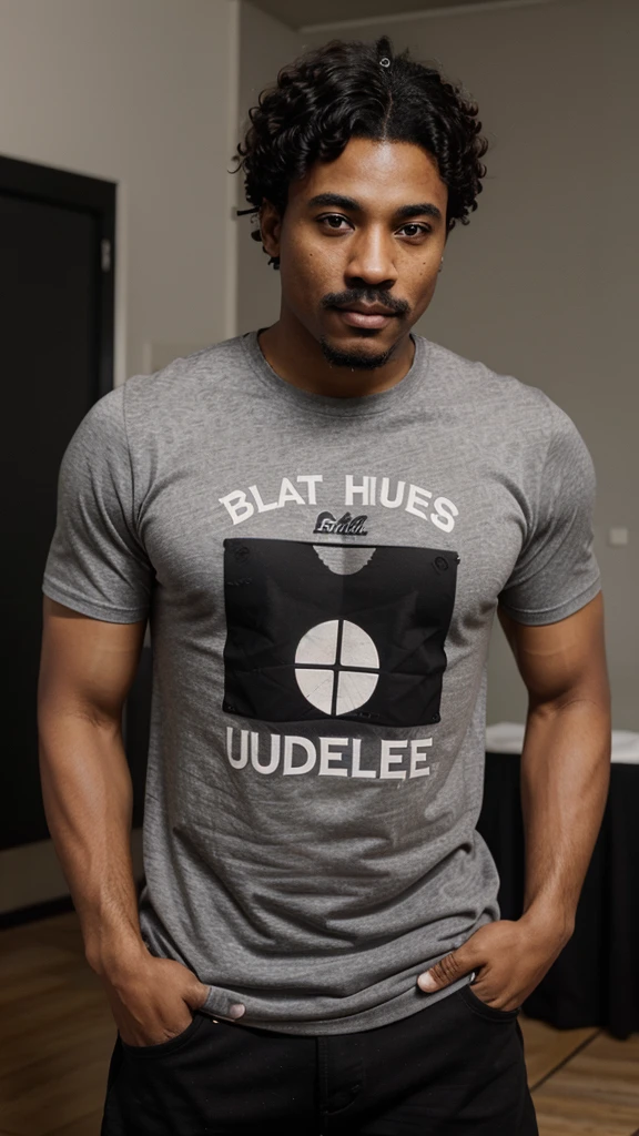 Attractive Black man, late 20’s, grey eyes, short curly hair, mustache, wearing black t-shirt with the words SideHustle Univ. on the front