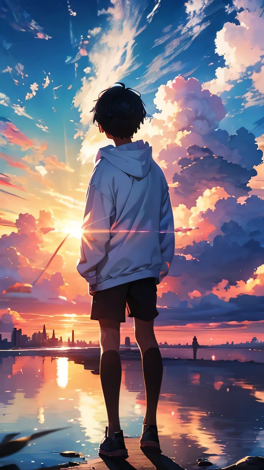 1 boy, Cloud mountain background, Wearing an oversized white hoodie, Angel, No Face, High resolution, 4K, 8K, 超High resolution, aura, purple aura coming out of hands, Standing in the middle of a shining cloud, Turn your back, The wind is blowing strongly,
