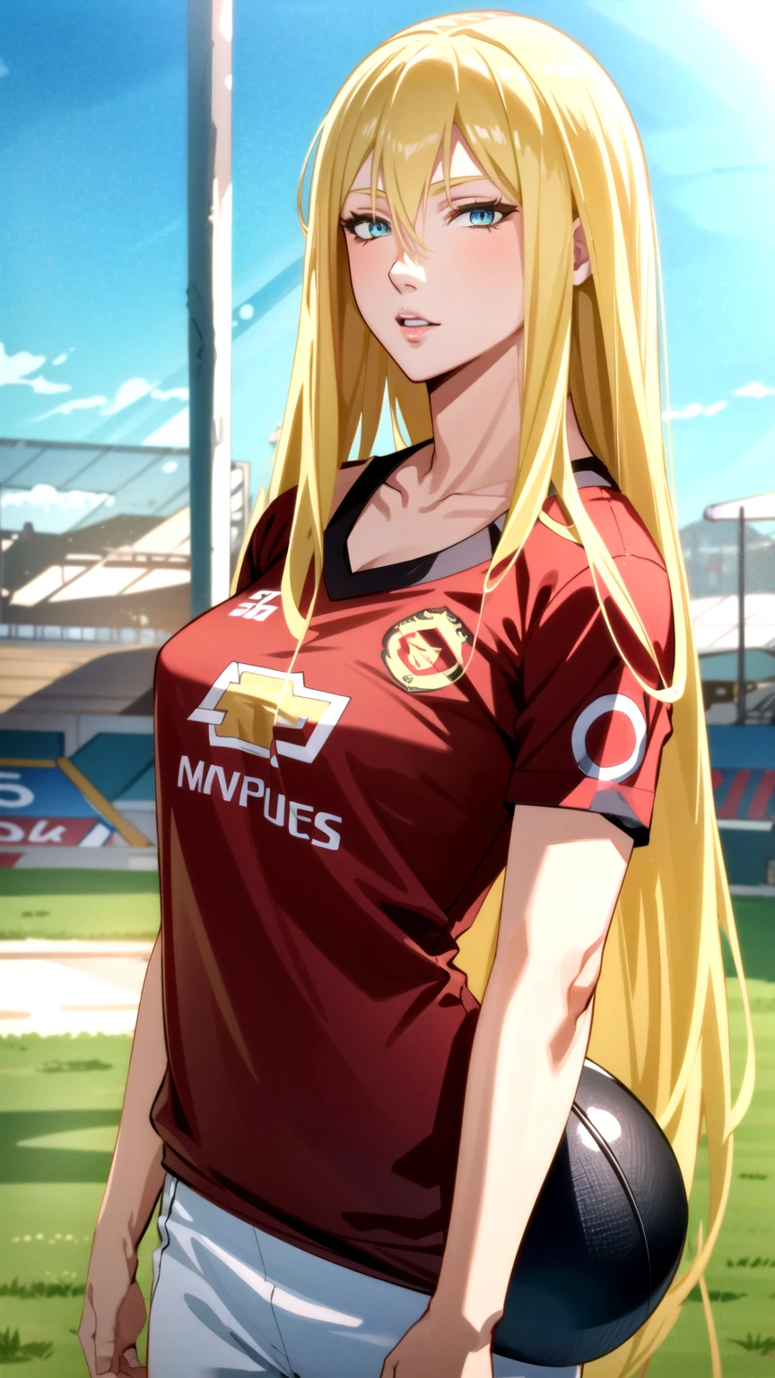 Masterpiece, best quality, very detailed, Ultra high resolution, (photorealistic:1.4), raw photos, (realistic:0.2), 1 girl, alone, long hair,,8k hdr, 1 girl,Blonde hair,  medium-large breast, bright eyes, , medium-small breasts,Wearing a Manchester United shirt , Ball Field