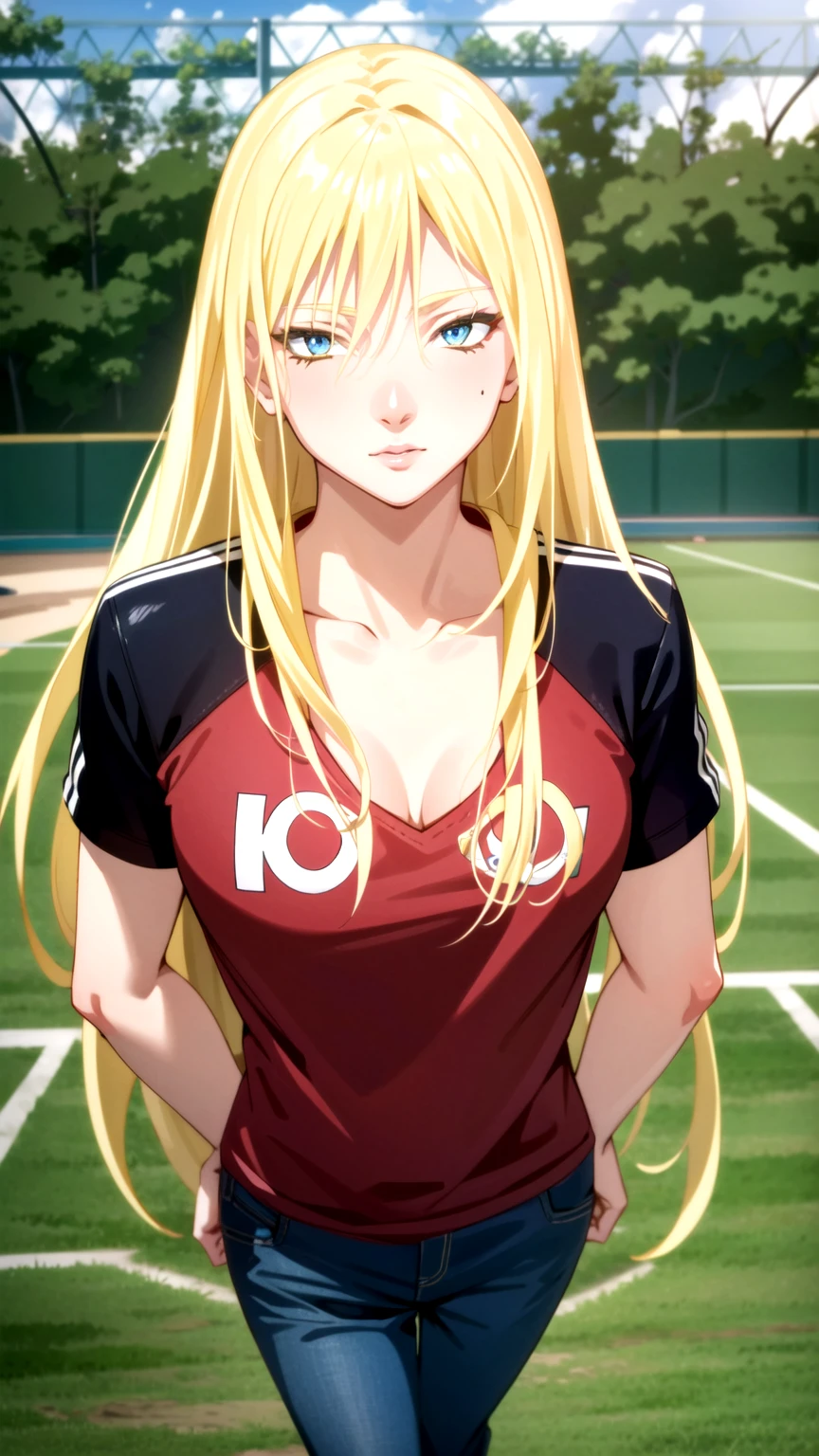 Masterpiece, best quality, very detailed, Ultra high resolution, (photorealistic:1.4), raw photos, (realistic:0.2), 1 girl, alone, long hair,,8k hdr, 1 girl,Blonde hair,  medium-large breast, bright eyes, , medium-small breasts,Wearing a Manchester United shirt , Ball Field