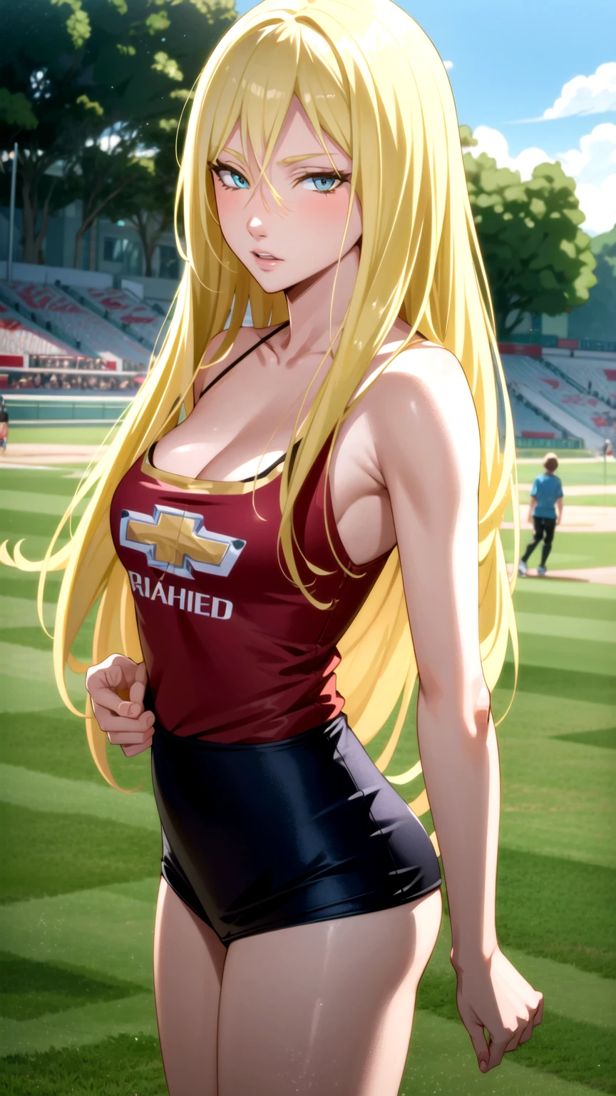 Masterpiece, best quality, very detailed, Ultra high resolution, (photorealistic:1.4), raw photos, (realistic:0.2), 1 girl, alone, long hair,,8k hdr, 1 girl,Blonde hair,  medium-large breast, bright eyes, , medium-small breasts,Wearing a Manchester United shirt , Ball Field