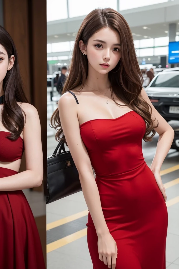 Image of a -yeld wh woman with curly brown hair, a slim waist and medium breasts in a red dress in the middle of the photo,on the left side a woman with almond-shaped eyes ,pale and with black hair with a standard body,small and tall breasts,on the right side of the photo there will be a 24 year old man without a beard, white skin tone with brown blouse and defined body and brown hair,with a view of an airport