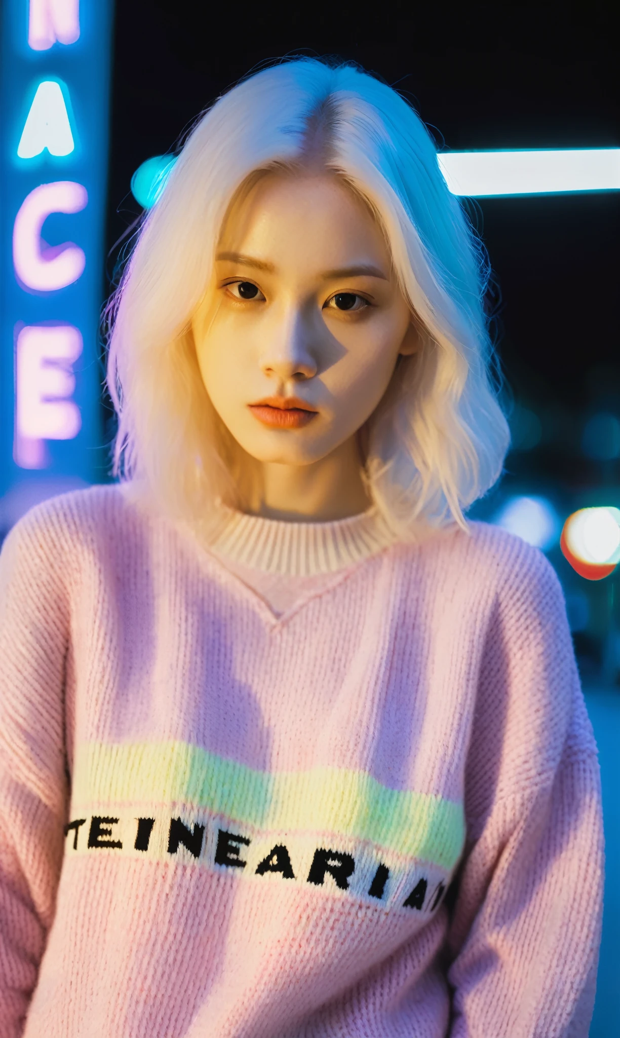 ((Selfie)) photo , ((upper body Selfie)), Analog style (Look at the audience:1.2) ,close up,Pouting,Movie, xxmixgirl, A young albino woman holding a neon sign，It says "TensorArt" realism, Movie outfit photo, Movie pastel lighting, 80s neon stills, Knitted sweaters