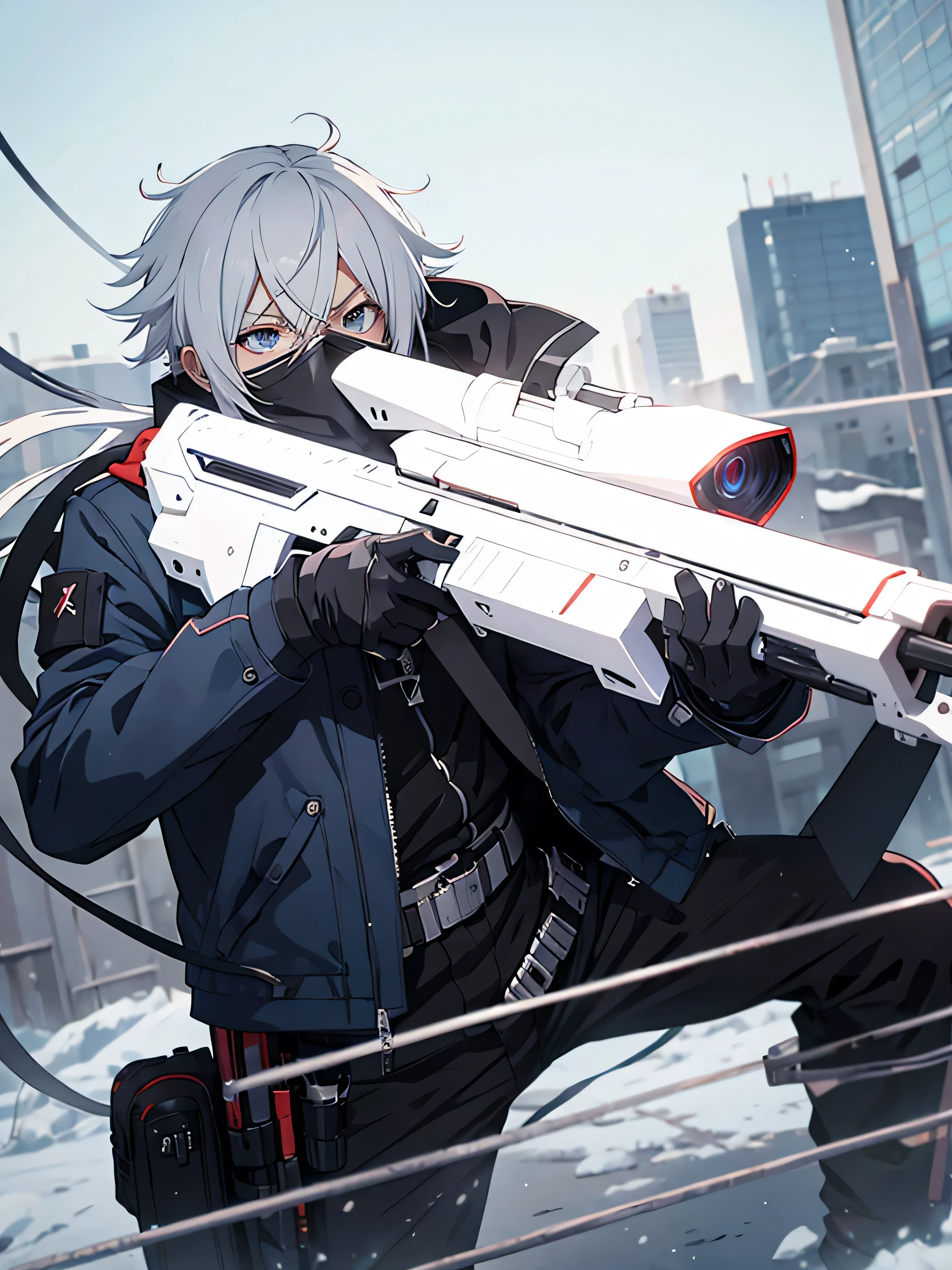 anime character with gun in hand and scarf, an anime drawing inspired by Okumura Togyu, trends on pixiv, neoism, trigger anime art style, Anime main art, white  hair, best 4k konachan anime wallpaper, an angry teenage killer, de white  hair, male anime character, anime character detailed art, with white sniper No errors Symmetry Right hands Sniper position Short, messy hair Scarf covering the face Black assassin&#39;s outfit White sniper painted white white details 