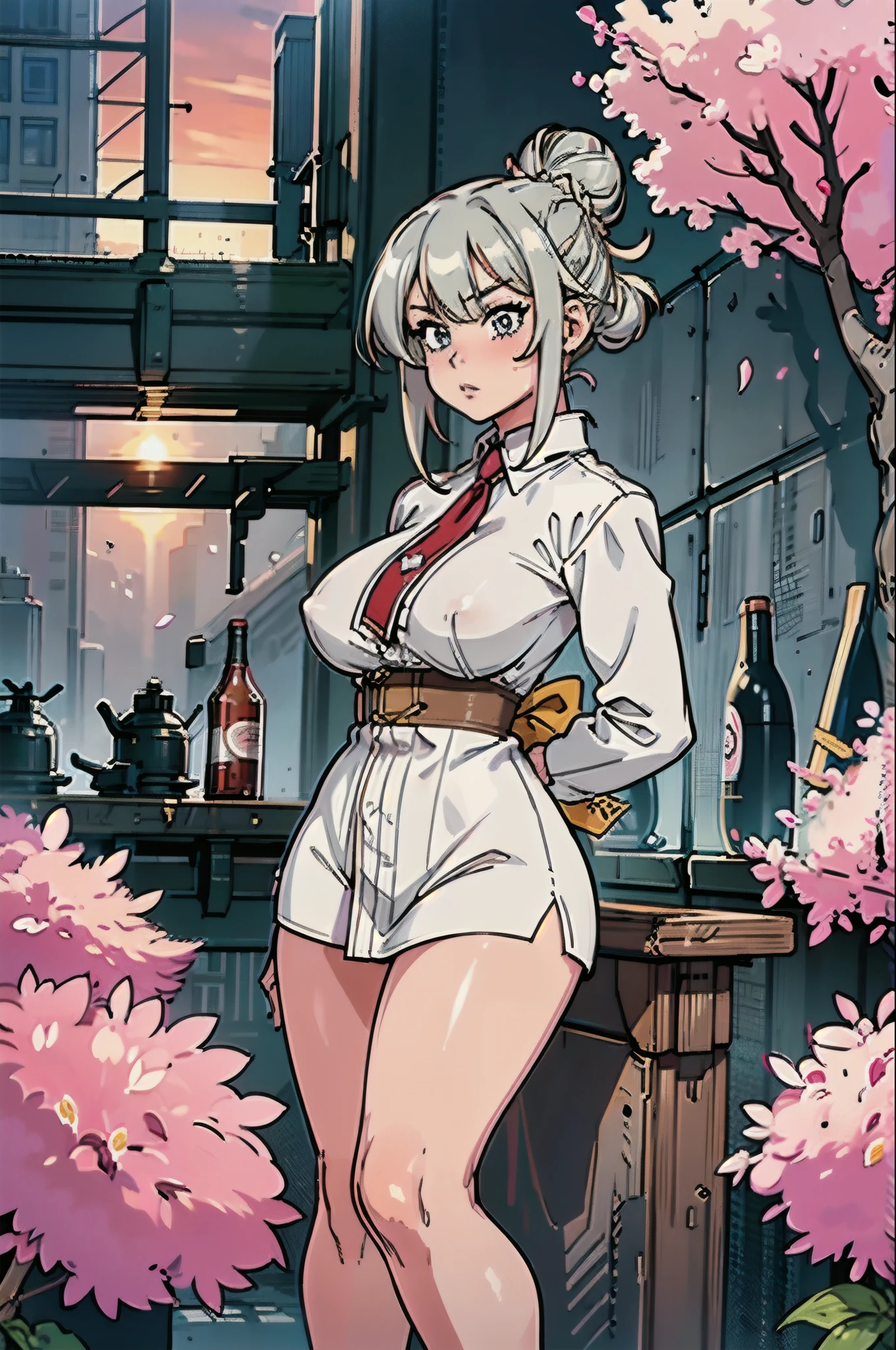 (masterpiece, best_quality, ultra-detailed, immaculate:1.3), epic, illustration, mountain dragoon lord , pauldrons, light slate gray hair with sunset highlights, Tri-Braided Bun,swept bangs, crossed ankles, in cherry blossom, mad scientist's downtown Tokyo, in a steampunk factory, bombshell hair, neon blonde hair, Slicked Back Hair,parted bangs, arm at side / arms at sides