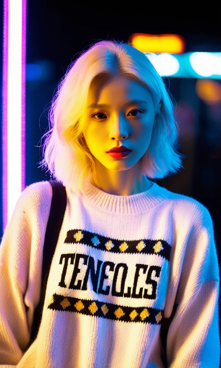 ((Selfie)) photo , ((upper body Selfie)), Analog style (Look at the audience:1.2) ,close up,Pouting,Movie, xxmixgirl, A young albino woman holding a neon sign，It says "TensorArt" realism, Movie outfit photo, Movie pastel lighting, 80s neon stills, Knitted sweaters