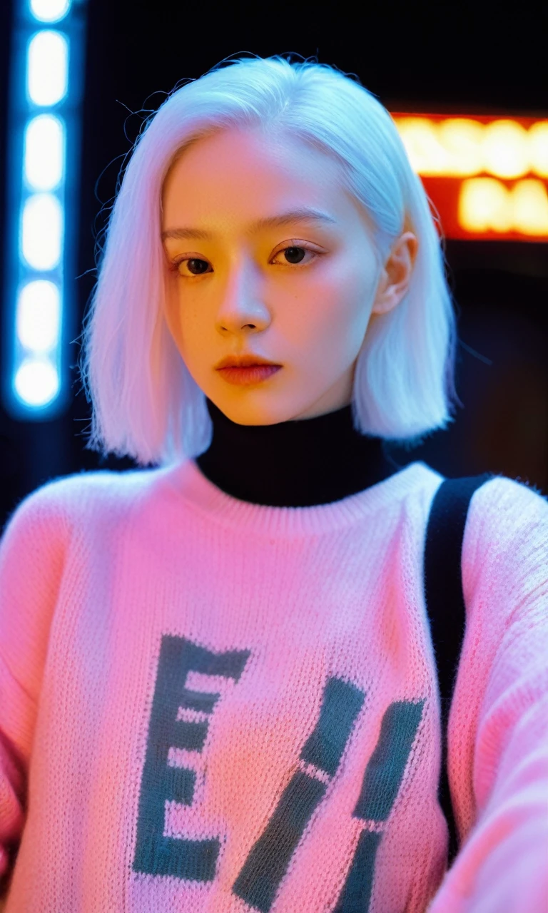 ((Selfie)) photo , ((upper body Selfie)), Analog style (Look at the audience:1.2) ,close up,Pouting,Movie, xxmixgirl, A young albino woman holding a neon sign,It says "TensorArt" realism, Movie outfit photo, Movie pastel lighting, 80s neon stills, Knitted sweaters