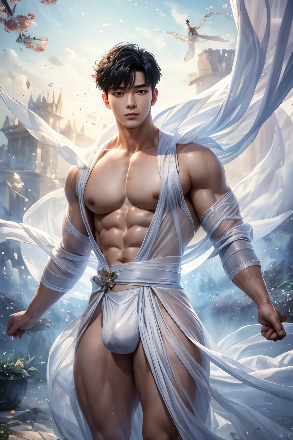 Realistic, High detailed, High quality, Cha Eun Woo, Photo of a handsome and cute boy (Korean guy who looks like a K-pop idol), 20 yo, Celestial flower garden background, Full length portrait, A white flowing see-through clothes, A white fabric, A white flowing see-through g-string, Holy aura, Six-Pack, Dancing, Looking at the camera, Big chest muscles, Narrow waist, Big hips, Big tight thighs, A short black hair with bangs, Male slim muscular man, Big bulge, Voluptuous crotch, Big fat ass, Big bubble butt, Wind power, Fantasy, Action, Mystery and magic, White skin, Fight the enemy, Perfect face, Perfect body, Sparkling eyes, Flicking the fabric, Flying in the air