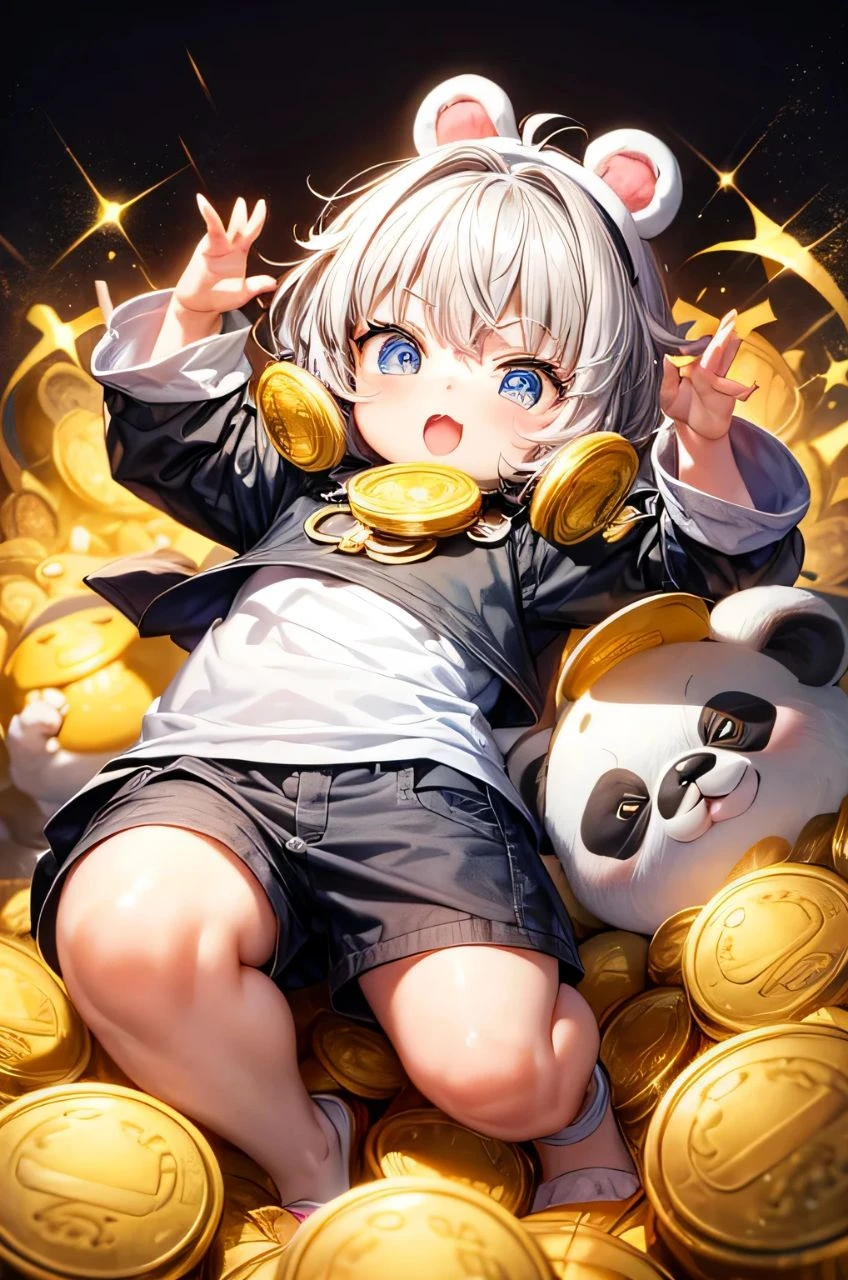 a logo with a light gray background and a price statistic going up and in front of it a cartoon baby panda surrounded by many gold coins and holding a gold coin in his hands