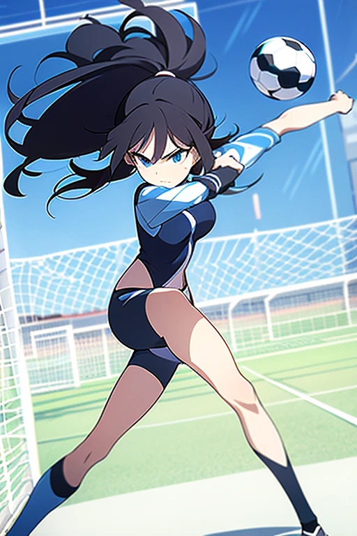 (anime ,2D) Women, soccer player , average height ,clear skin,thin face ,blue eyes,black hair , waist length ,fringe ,collected in a ponytail,Skinny body,big breasts,small waist, France national team uniform, In a soccer field ,kicking a ball with a super technique,with a warrior spirit