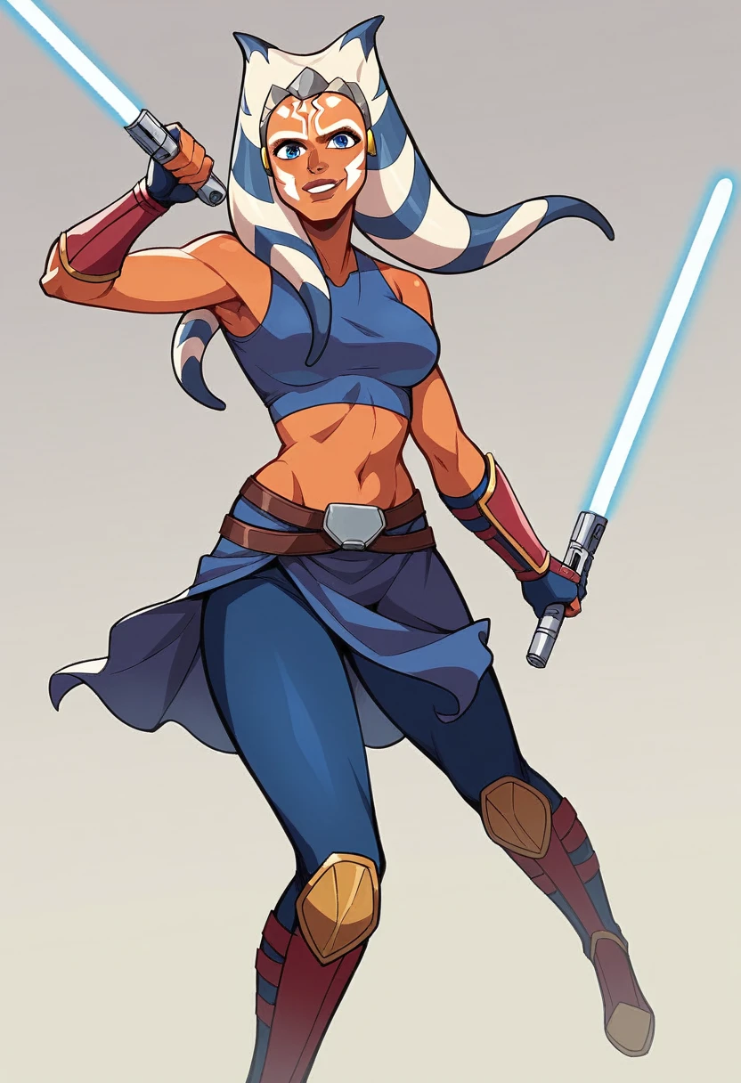 (masterpiece, best quality:1.2), (perfect anatomy:1.2), Duss Art, AhsokaS7, colored skin, (1girl, solo:1.1), looking at viewer, medium breasts, blue eyes, wide hips, seductive smile, AhsokaS7Outfit, blue shirt, vambraces, fingerless gloves, hip armor, blue skirt, blue leggings, knee boots, dynamic pose, mature female, pose with dual light saber