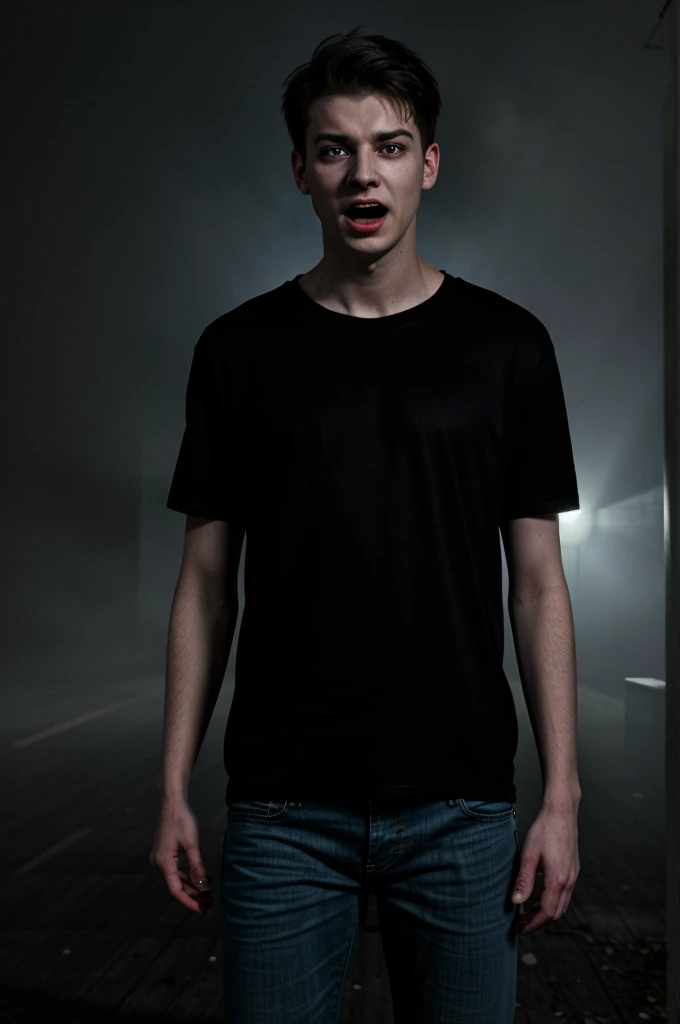 screaming young man in jeans and t-shirt caught in black fog at night. horror scene.