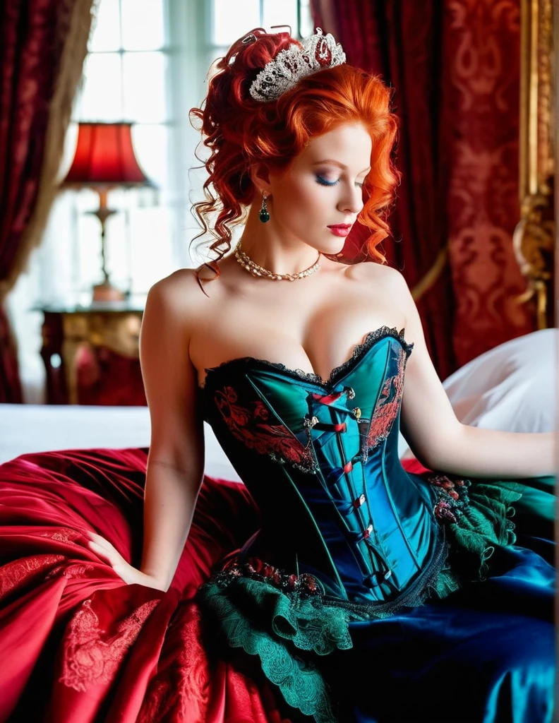 In a sumptuous Victorian bedroom, bathed in the glow of flickering candlelight, a vision of sensuality unfolds. The enchanting woman, with fiery red locks cascading like molten silk, ensnares the gaze with her emerald eyes ablaze with desire. Clad in a mesmerizing ((duotone [blue and red]) ornate corset), a tantalizing blend of crimson and ebony, she exudes opulence and allure. Every curve of her luscious form is accentuated, inviting exploration and sexuality. As she reclines upon luxurious satin sheets, her pose is a symphony of grace and seduction, beckoning you into a realm where passion knows no bounds.