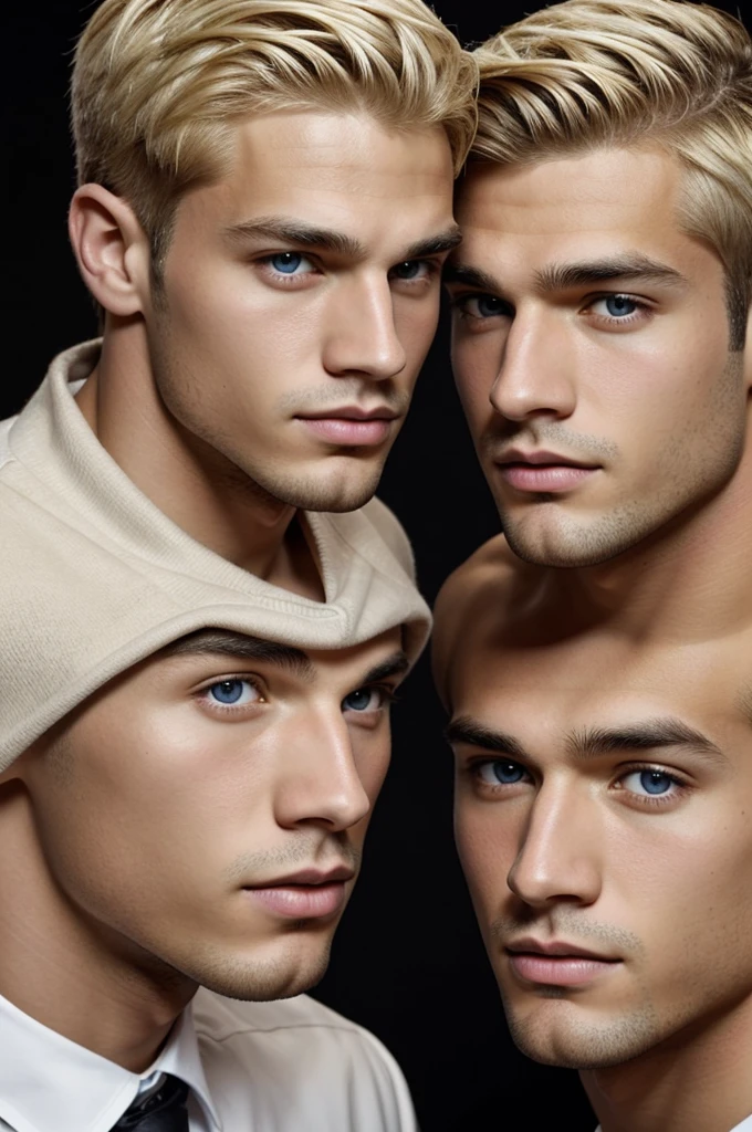 Couple of boys, one blonde with light skin, brown eyes and neat face and marked chin, tall, the other with white skin, fine features, dark eyes, defined lips and upturned nose, tall