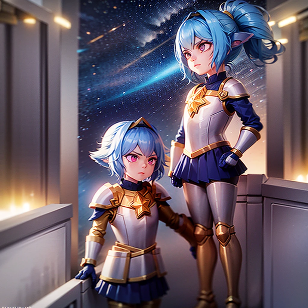 Her name is Poppy, He has very light blonde hair, wear two ponytails, light blue skin, violet eyes, Red scarf, bronze armor. She is short, mide 90cm, personaje whole body, shortstack girl, whole body. She must be alone, only her. Always look straight ahead, light blue skin. bronze armor, leather skirt.