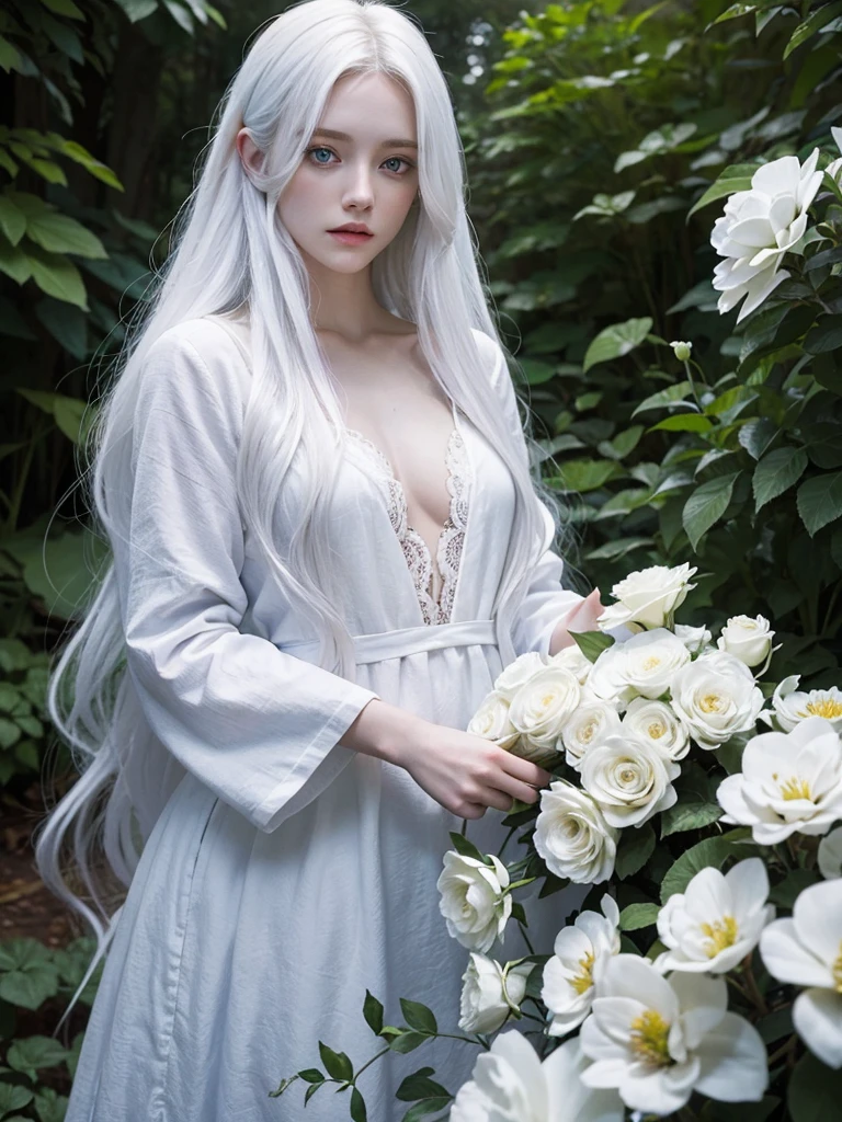 Long white hair, blue eyes, serious features, white skin, loose style, in a garden, with flowers , in the forest , killer frost the flash