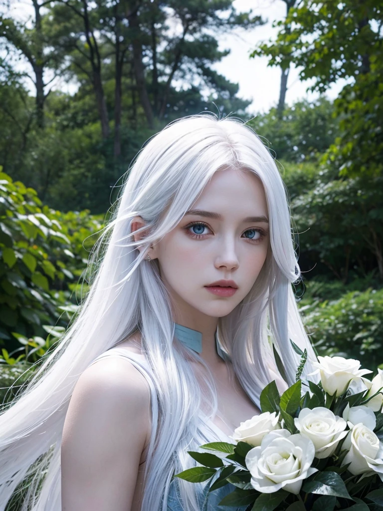 Long white hair, blue eyes, serious features, white skin, loose style, in a garden, with flowers , in the forest , killer frost the flash 