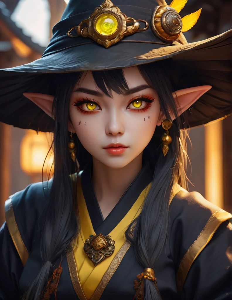 quality(8k wallpaper of extremely detailed CG unit, masterpiece, hight resolution, top-quality, top-quality real texture skin,hyper realisitic, digitial painting,increase the resolution,RAW photos,best qualtiy,highly detailed,the wallpaper),BREAK,8K, onmyoji-style art, Goblin Girl, Robber's clothes, Sorcerer Archaeus, Yellow eyes, black make-up, Portrait in DND style