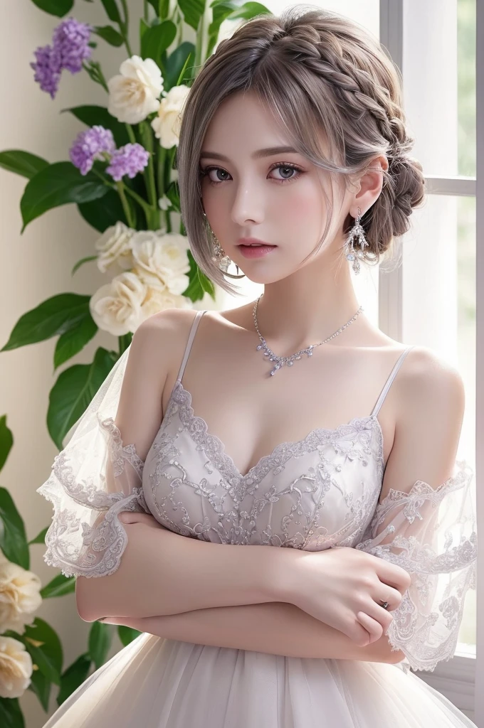 Purple lace string&good, (((Very elegant and beautiful, Perfect detail, Very detailed))), whole body, The most detailed girl, Written boundary depth, 美しく詳細なwhole body, Thin legs, 1 Girl, 30 years old, Very short hair, Spiked Hair, Gray and silver hair, Beautiful detailed hair, Perfect Face, Expressionless, Beautiful, detailed, deep eyes, Please open your mouth a little, Delicate arms and hands, Pale skin, Earrings, Beautiful and gorgeous necklace, Colorful background, HD background, Blurred Background, Very delicate and beautiful, masterpiece, (((Highest quality, Very beautiful 8K CG wallpaper))), (((Trendy hairstyles))), (Inside the room,Stylish interior,window),
