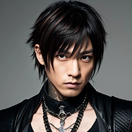 1 japanese male rocker, asien eyes, Visual Kai hairstyle, ultra detailed face and body, hyperrealistic, realistic representation, muscular, broad shoulders, tattoos gothic style, piercings, Visual Kei style, hairstyle Visual Kei, blond, 40 years old, age 40 outfit gothic streampunk, men's shirt and black pants, Asian eyes, eyes Asian, long hair, long hair
