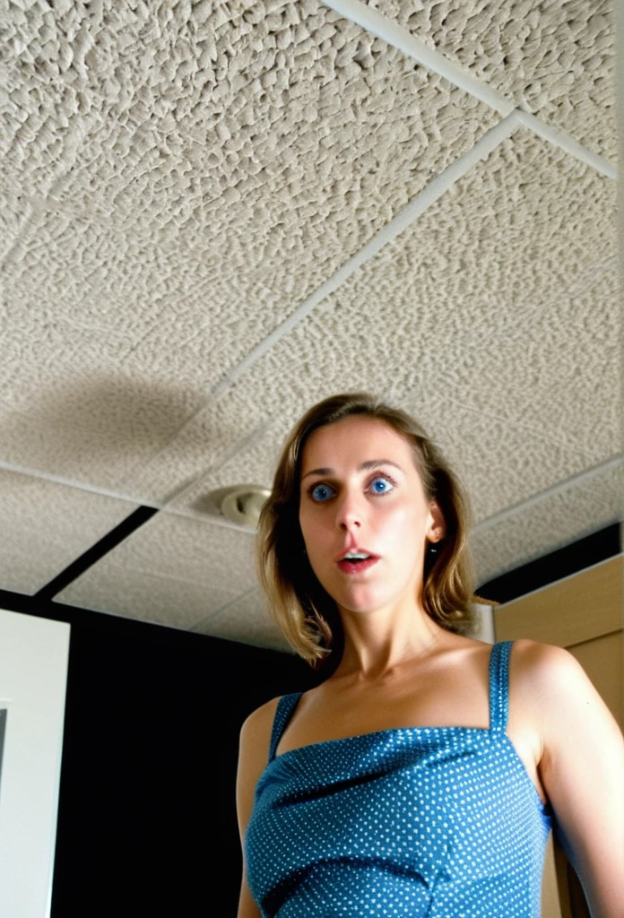 View From below ,hidden camera, spycam , voyeur ,dressing changing room, room, fitting room, peephole, perspective from below her, Stefanie Joosten, blue eyes, medium breasts, realistic, neck collared dress, no sleeves, sexy, looking at viewer, beautiful, changing her top,low resolution,low Quality,grainy effect, natural,imperfections,film grain,1980's footage,bare stomach, perspective from the ground, under skirt perspective,shot in the point of view of a spycam