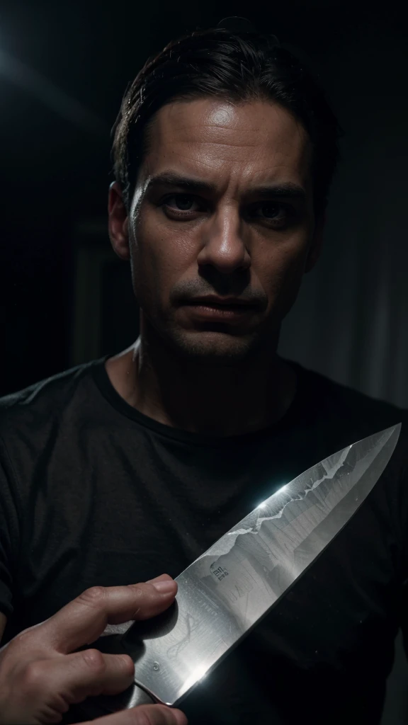 a funny man surprised to see his hand turning into a knife, highly detailed, hyperrealistic, cinematic lighting, dramatic angle, 8k, extremely detailed, photorealistic, masterpiece, digital painting, sharp focus, physically-based rendering, vivid colors, chiaroscuro lighting, dark fantasy, surreal, unsettling, uncanny