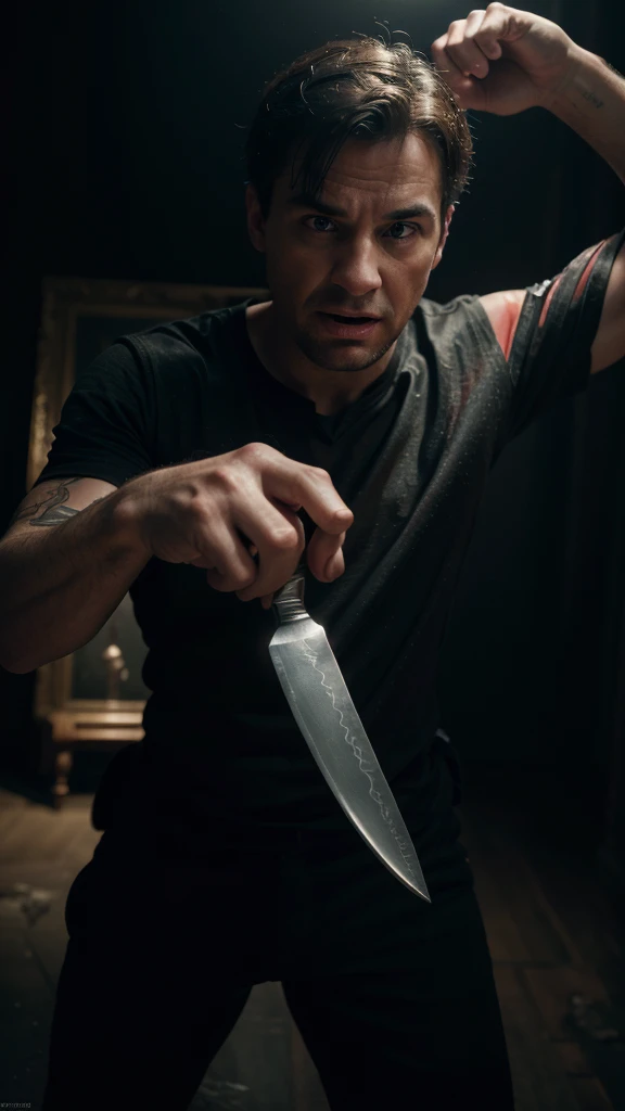 a funny man surprised to see his hand turning into a knife, highly detailed, hyperrealistic, cinematic lighting, dramatic angle, 8k, extremely detailed, photorealistic, masterpiece, digital painting, sharp focus, physically-based rendering, vivid colors, chiaroscuro lighting, dark fantasy, surreal, unsettling, uncanny