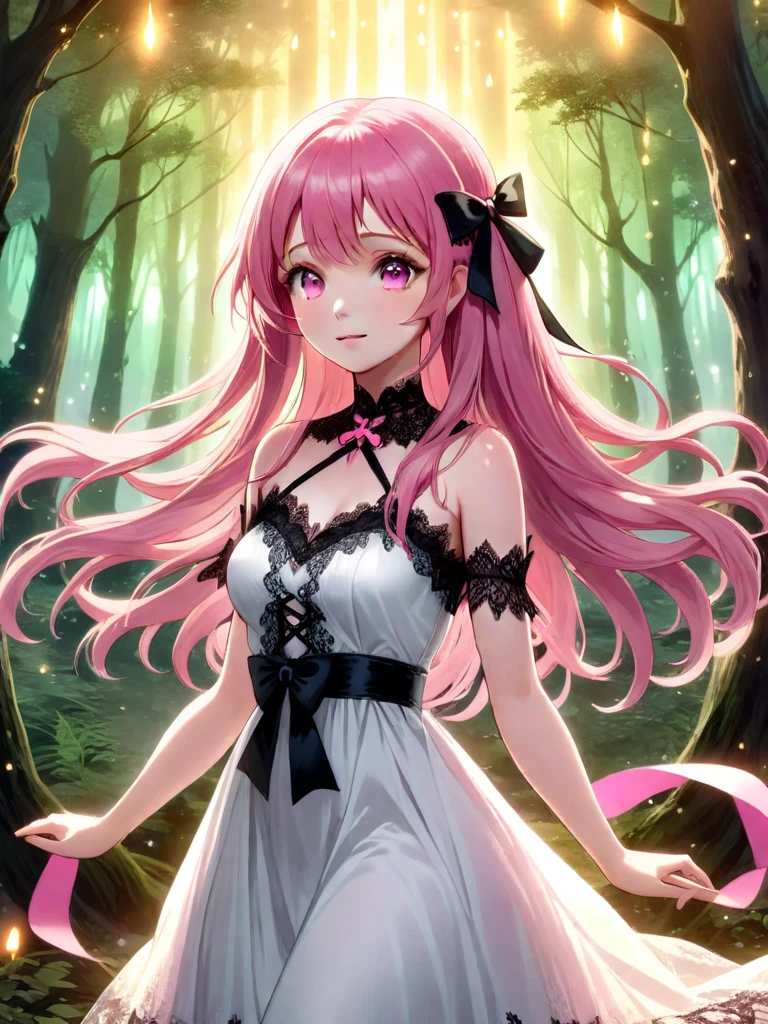 A beautiful detailed girl with long pink hair, wearing a white dress with black lace and a large pink ribbon on the chest, standing in a magical forest, casting a spell with a mystical aura, surrounded by glowing lights and ethereal, enchanted atmosphere, in an anime-inspired, pixiv fan art style, ultra-detailed, 4k, photorealistic, masterpiece