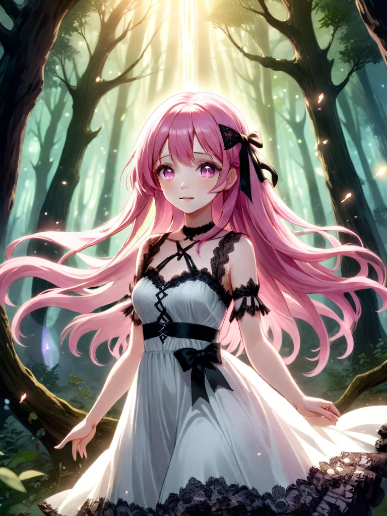 A beautiful detailed girl with long pink hair, wearing a white dress with black lace and a large pink ribbon on the chest, standing in a magical forest, casting a spell with a mystical aura, surrounded by glowing lights and ethereal, enchanted atmosphere, in an anime-inspired, pixiv fan art style, ultra-detailed, 4k, photorealistic, masterpiece